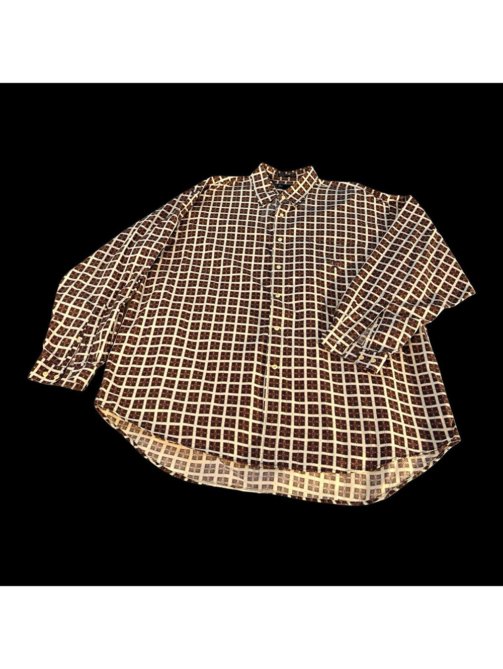 Vintage Siegfried Men’s 2XLT Big & Tall Brown/White Geometric Cotton Button-Down